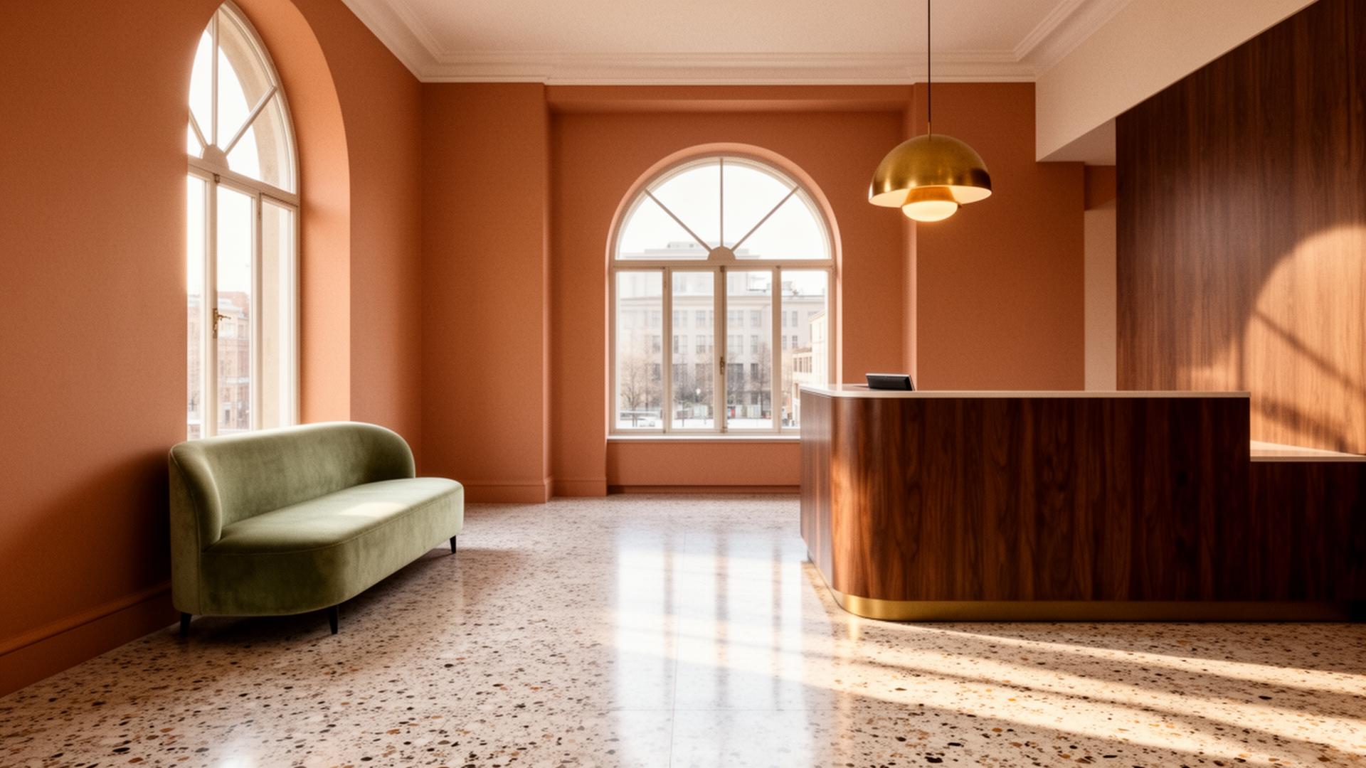 Restored commercial lobby with terrazzo floor, sage green bench and walnut reception desk