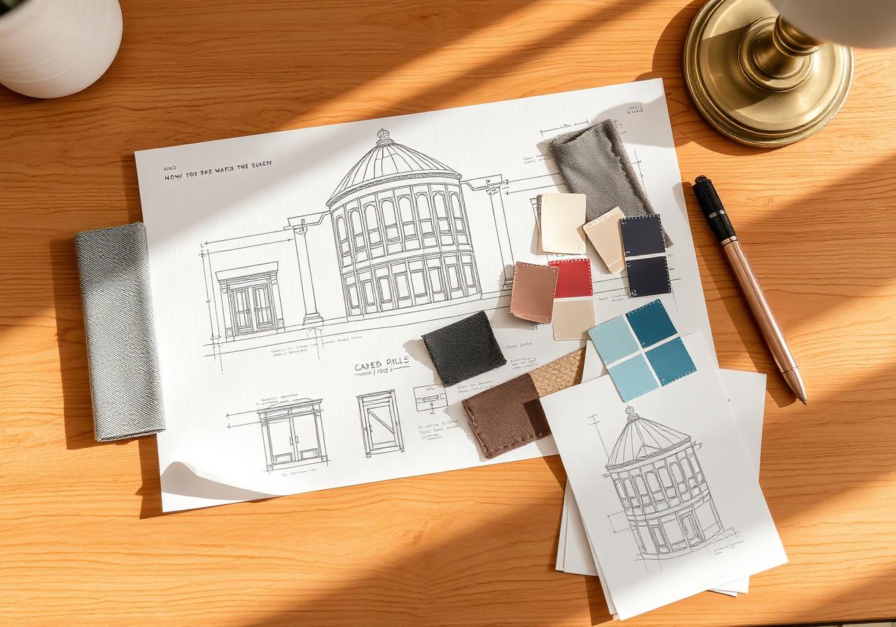 A studio moodboard with fabric, paint, and sketched elevations
